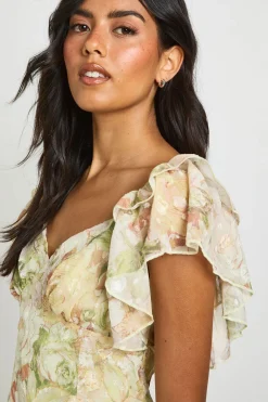Robe Courte À Manches Papillon Et Imprimé Floral Jacquard