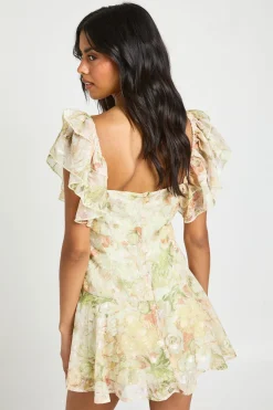 Robe Courte À Manches Papillon Et Imprimé Floral Jacquard