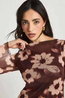 boohoo Robe Courte À Manches Évasées En Mesh Fleuri<Femme Looks Chocolat|Robes Patineuses