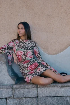 Robe Courte À Manches Évasées Imprimé Animalier Mixte