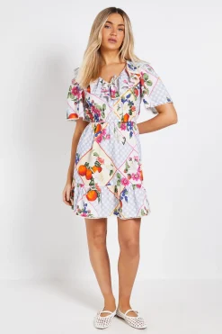 Robe Courte À Manches Volantées Avec Col À Détail Noué