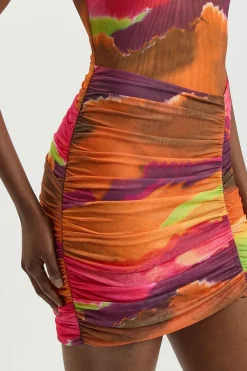 Robe Courte Moulante À Col Montant En Jersey Maille Imprimé Marbré