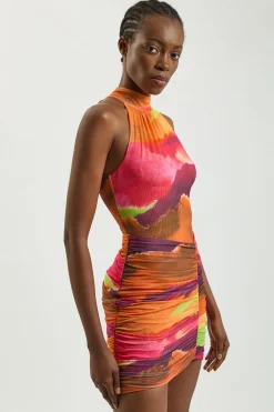 Robe Courte Moulante À Col Montant En Jersey Maille Imprimé Marbré