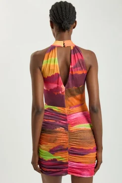 Robe Courte Moulante À Col Montant En Jersey Maille Imprimé Marbré