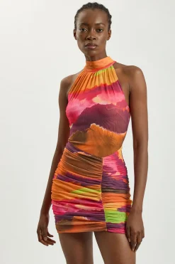 Robe Courte Moulante À Col Montant En Jersey Maille Imprimé Marbré