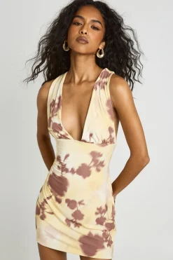 Robe Courte Moulante À Décolleté Plongeant Et Imprimé Floral Tonal