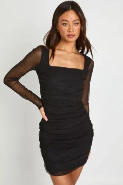 boohoo Robe Courte Moulante À Encolure Carrée En Mesh Pour Grandes Tailles<Femme Robes Moulantes|Robes À Manches Longues