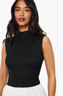 Robe Courte Moulante Petite Taille À Col Montant En Jersey Côtelé Contrasté Mélange Coton