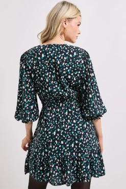 Dorothy Perkins Robe Courte Noire à Imprimé Abstrait avec Devant Croisé et Manches Bouffantes<Femme Robes À Manches Longues|Robes