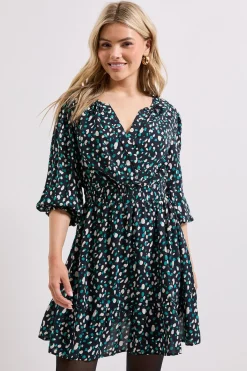 Dorothy Perkins Robe Courte Noire à Imprimé Abstrait avec Devant Croisé et Manches Bouffantes<Femme Robes À Manches Longues|Robes