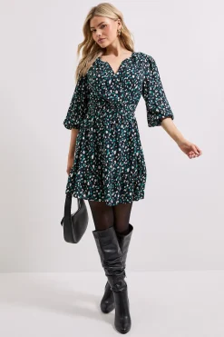Dorothy Perkins Robe Courte Noire à Imprimé Abstrait avec Devant Croisé et Manches Bouffantes<Femme Robes À Manches Longues|Robes