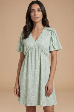 Robe Courte Petite Verte À Détails Volantés Et Manches Papillon