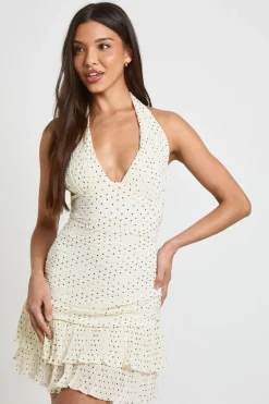 Robe Courte Plissée À Pois Avec Encolure Dos-nu