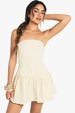 Robe Courte Péplum À Rayures Aspect Lin