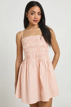 Robe Courte À Rayures En Popeline De Coton Avec Corsage Froncé