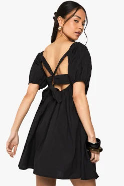 Robe Courte Smockée En Lin À Manches Bouffantes