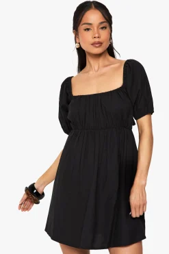Robe Courte Smockée En Lin À Manches Bouffantes