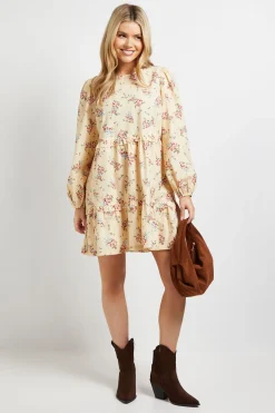 Robe Courte Smockée À Volants Étagés En Popeline Imprimée Motif Fleuri Ditsy Jaune
