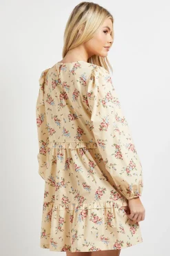 Robe Courte Smockée À Volants Étagés En Popeline Imprimée Motif Fleuri Ditsy Jaune
