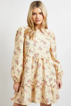 Robe Courte Smockée À Volants Étagés En Popeline Imprimée Motif Fleuri Ditsy Jaune