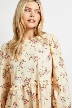 Robe Courte Smockée À Volants Étagés En Popeline Imprimée Motif Fleuri Ditsy Jaune