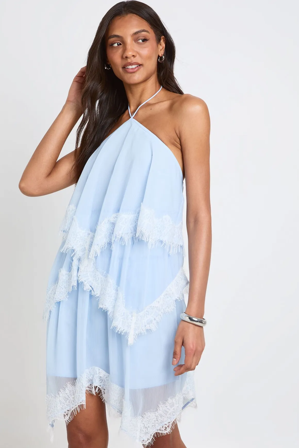 Robe Courte Étagée En Mousseline Crêpée Et Dentelle Tall