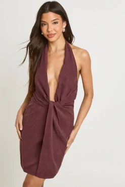 Robe Courte Texturée Dos Nu À Col Licou Et Détail Torsadé Devant