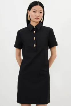 Robe Courte Tissée en Coton Techno Petite avec Fermoirs Dorés
