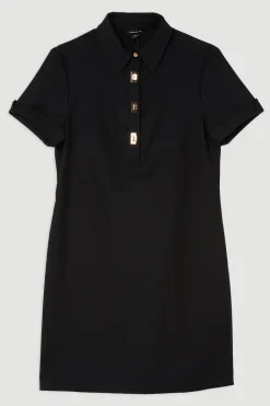 Robe Courte Tissée en Coton Techno Petite avec Fermoirs Dorés