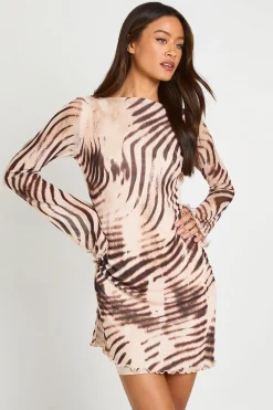Robe Courte Évasée En Mesh À Imprimé Animal Mixte Et Manches Évasées Tall