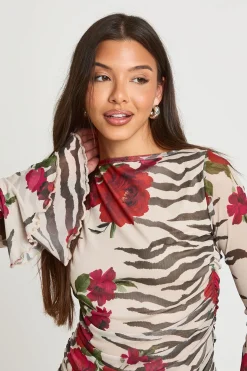 Robe Courte Évasée À Imprimé Animalier Mixte Et Manches Évasées