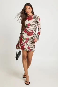 Robe Courte Évasée À Imprimé Animalier Mixte Et Manches Évasées