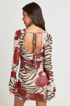Robe Courte Évasée À Imprimé Animalier Mixte Et Manches Évasées