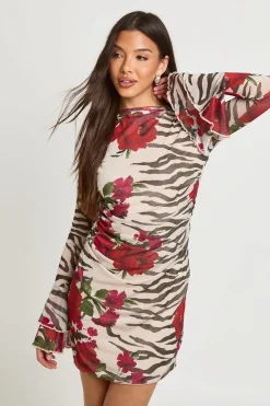 Robe Courte Évasée À Imprimé Animalier Mixte Et Manches Évasées
