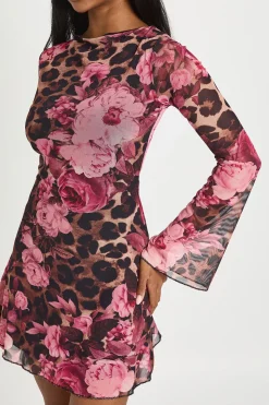 Robe Courte Évasée À Manches Évasées Imprimé Léopard Et Roses