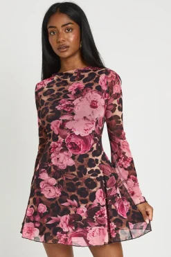 Robe Courte Évasée À Manches Évasées Imprimé Léopard Et Roses