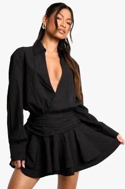 boohoo Robe Courte À Volants Froncés Et Texture<Femme Robes À Manches Longues|Robes