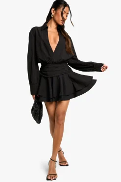 boohoo Robe Courte À Volants Froncés Et Texture<Femme Robes À Manches Longues|Robes