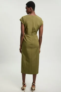 Robe Crayon Ajustée À Encolure Carrée Avec Ceinture En Mélange De Viscose