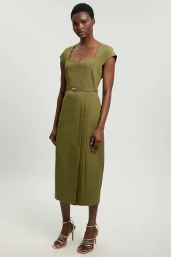 Robe Crayon Ajustée À Encolure Carrée Avec Ceinture En Mélange De Viscose