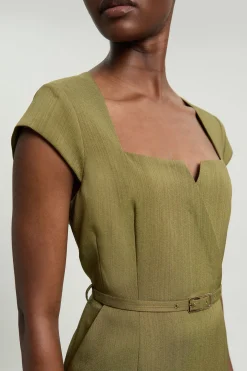 Robe Crayon Ajustée À Encolure Carrée Avec Ceinture En Mélange De Viscose