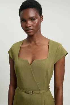 Robe Crayon Ajustée À Encolure Carrée Avec Ceinture En Mélange De Viscose