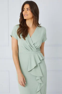 Robe Crayon Ajustée en Crêpe à Volants