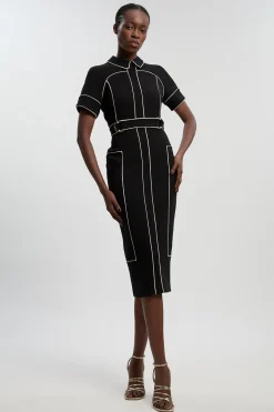 KarenMillen Robe Crayon Ajustée En Tissu Stretch Compact Avec Détails De Pattes À Bordures Contrastées<Femme Tailleurs|Toutes Les Robes