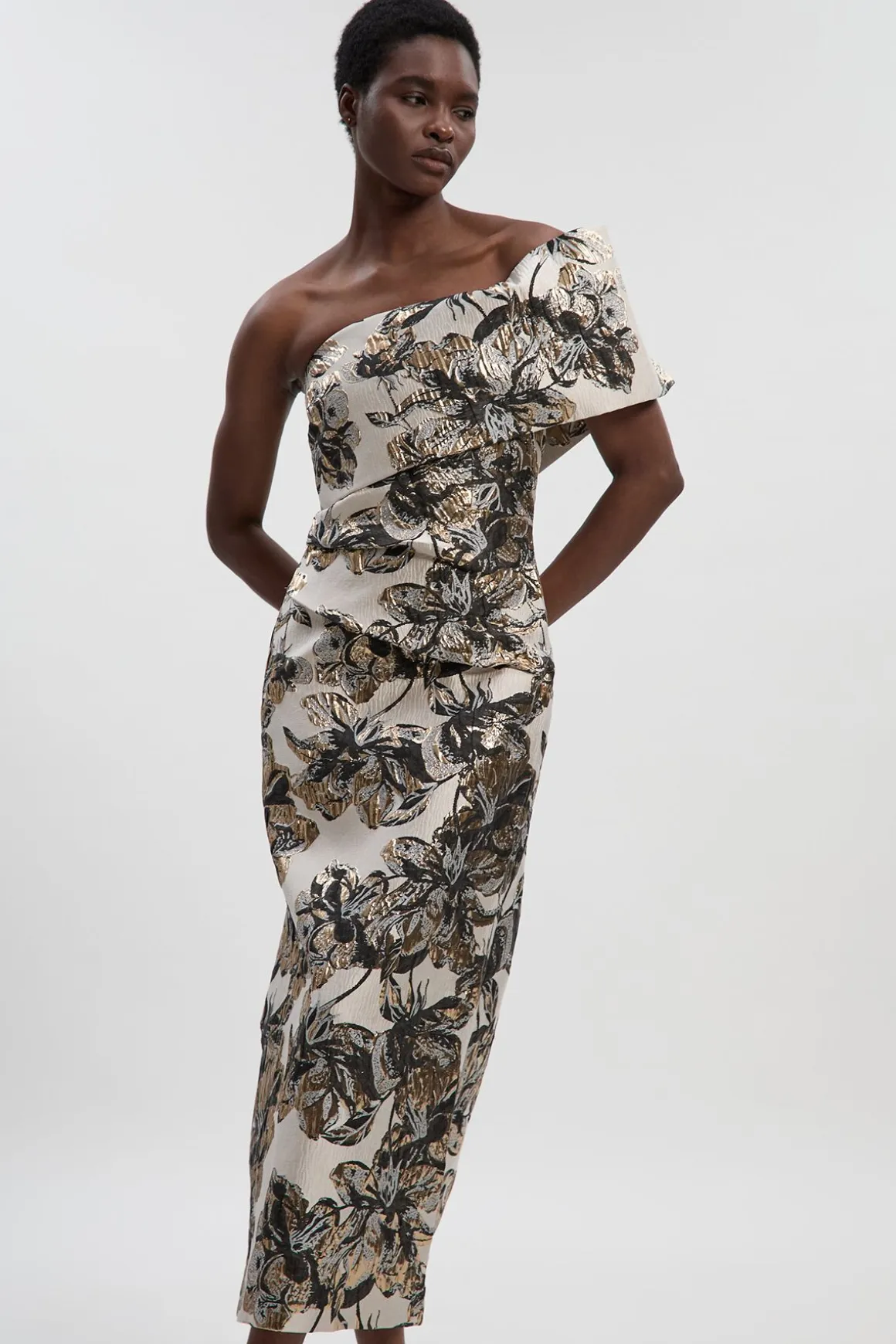 Robe Crayon Asymétrique à Jacquard Floral