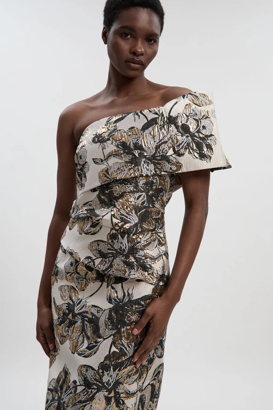 Robe Crayon Asymétrique à Jacquard Floral