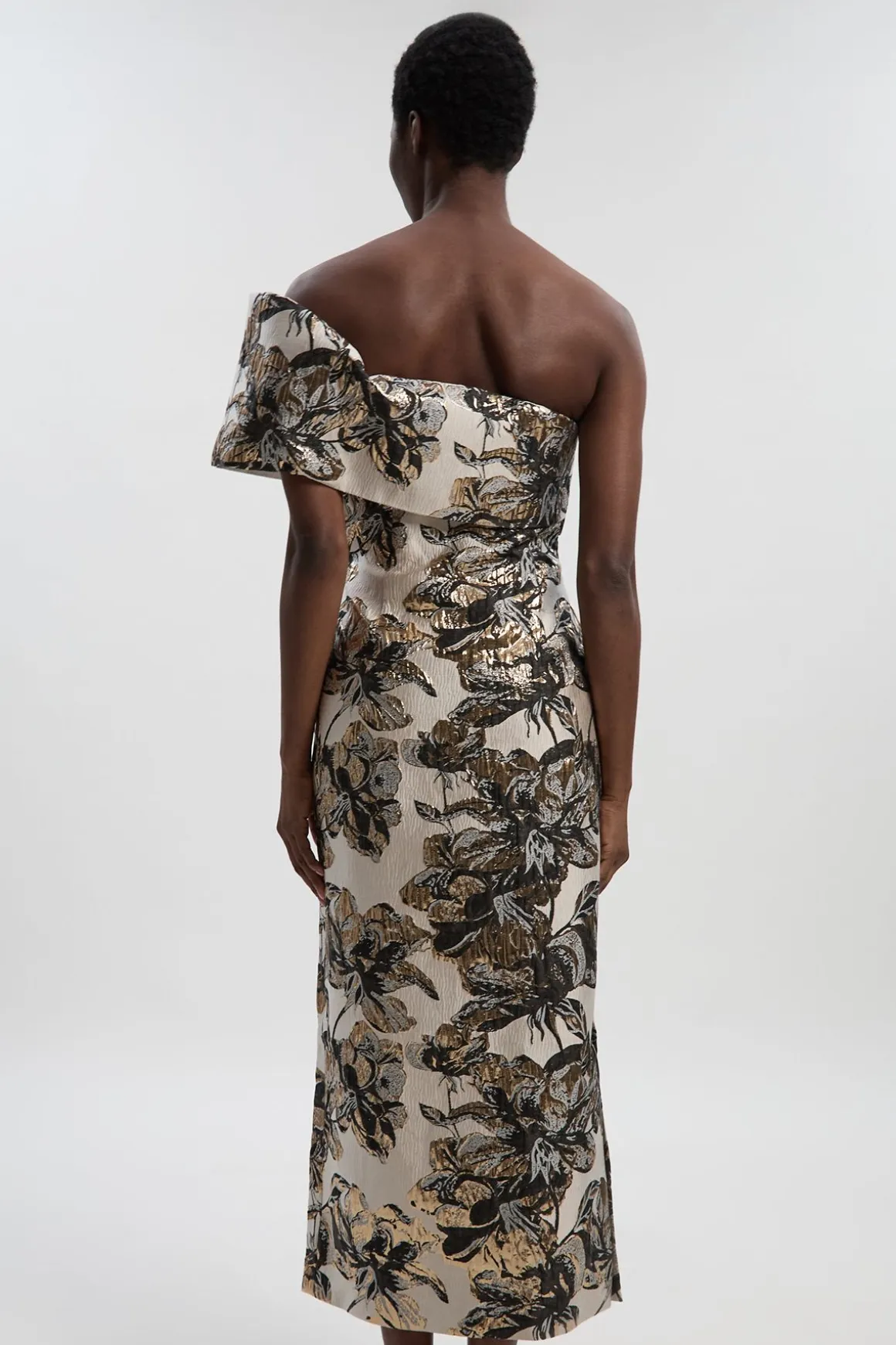 Robe Crayon Asymétrique à Jacquard Floral
