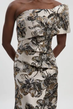 Robe Crayon Asymétrique à Jacquard Floral