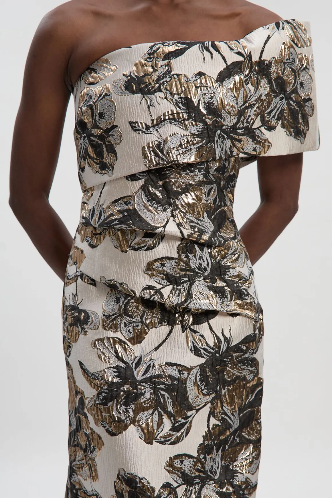Robe Crayon Asymétrique à Jacquard Floral