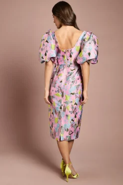 Robe Crayon À Col Carré Et Manches Bouffantes En Jacquard